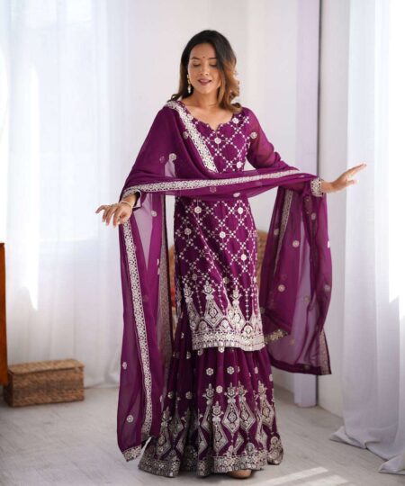 Women's Georgette Embroidery Work Straight Kurta With Sharara Suit and Dupatta Set