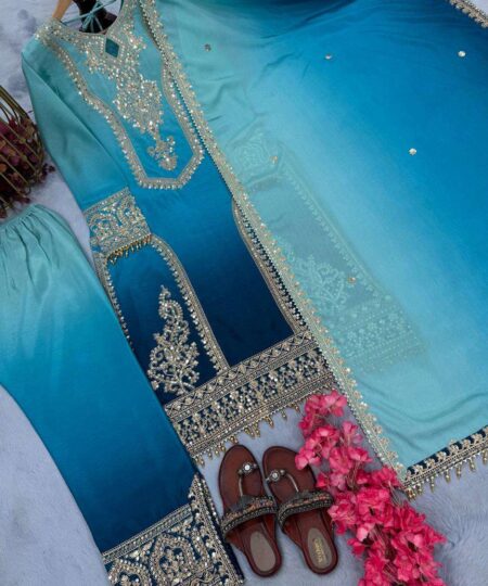 Women's Chinon Silk Embroidery Straight Pakistani Salwar Suit and Dupatta