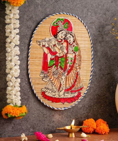 Oval Shaped Design Bamboo Hand Crafted Wall Hangings Of Krishna Ji With Radha Ji For Home Decor | Bamboo Art For Wall Decor