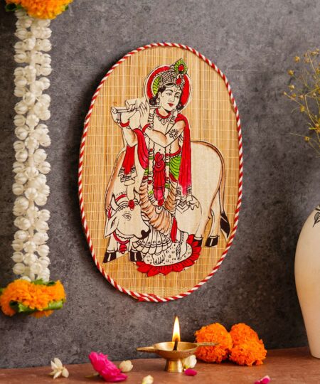 Oval Shaped Design Bamboo Hand Crafted Wall Hangings Of Krishna Ji With Holy Cow For Home Decor | Bamboo Art For Wall Decor