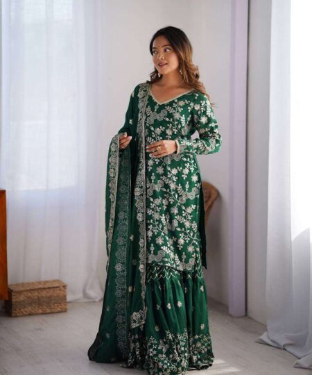 Women's Chinon Silk Embroidery Sequence Work Straight Kurti With Sharara Suit and Dupatta Set