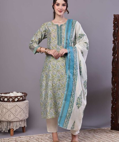 Women's Green & Blue Floral Chanderi Printed Kurta Set with Dupatta Suit Sets