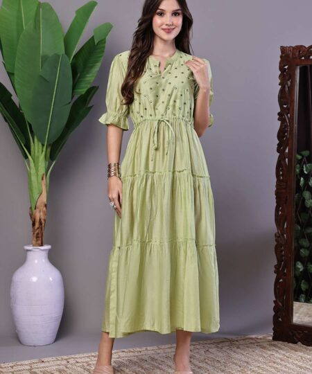 Wome's Boho-Chic Forest Green Tiered Maxi Dress with Puff Sleeves Dresses