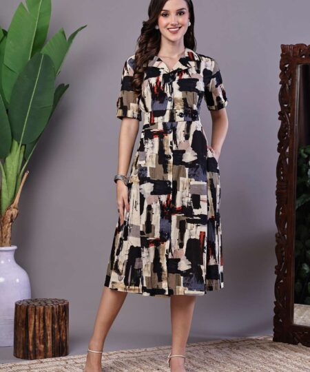 Women's Beige & Black Abstract Print Cotton Shirt Dress Midi Dresses