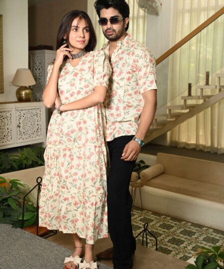 Couple Matching Cream floral Cotton Printed Anarkali Midi Dress & Shirt Set ? Casual & Festive Wear