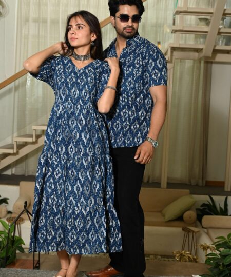 Couple Matching Blue Ikat Print Cotton Anarkali Midi Dress and Shirt Set