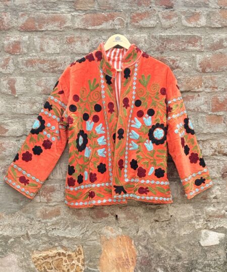 Womens Orange Velvet Embroidered Jacket with Floral Design