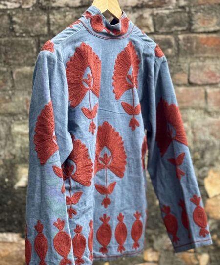 Womens Light Blue Velvet Embroidered Jacket with Floral Design