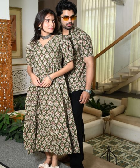 Couple Matching Green Cotton Anarkali Midi Dress and Shirt Set ? Ethnic Motif Print