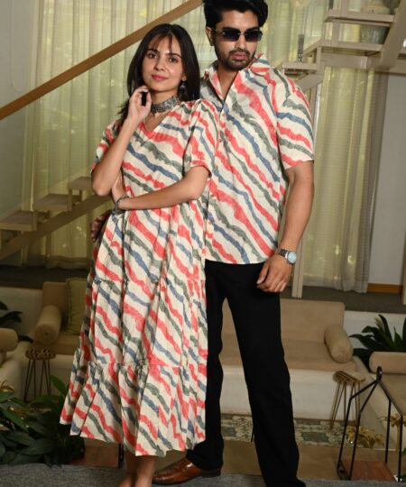 Couple Matching Cream Cotton Anarkali Midi Dress and Shirt Set ? Wavy Red & Blue Stripes