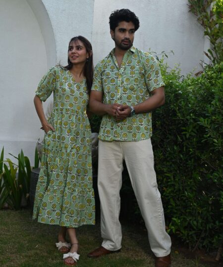 Couple Matching Light Green Printed Cotton Anarkali Midi Dress & Shirt Set ? Summer Casual Wear