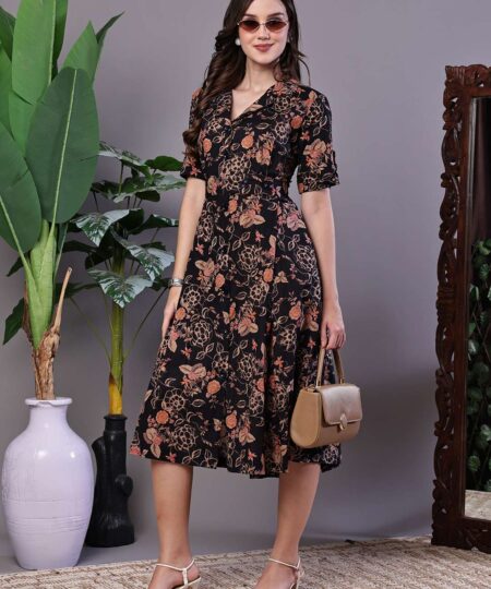 Women's Chic Black & Rust Floral Print Button-Front Midi Dress